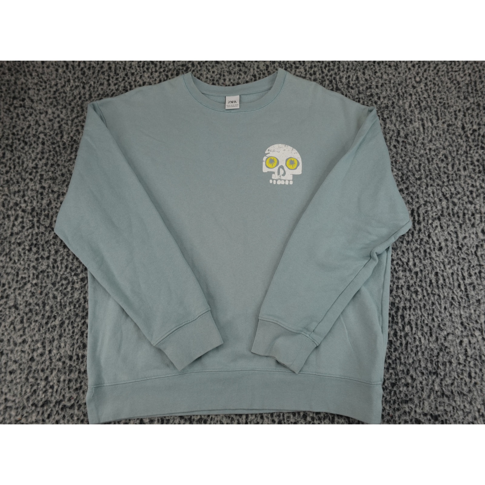 Zara Skull Graphic Pullover Sweatshirt Xl Blue Long Sleeve Crew Neck Top